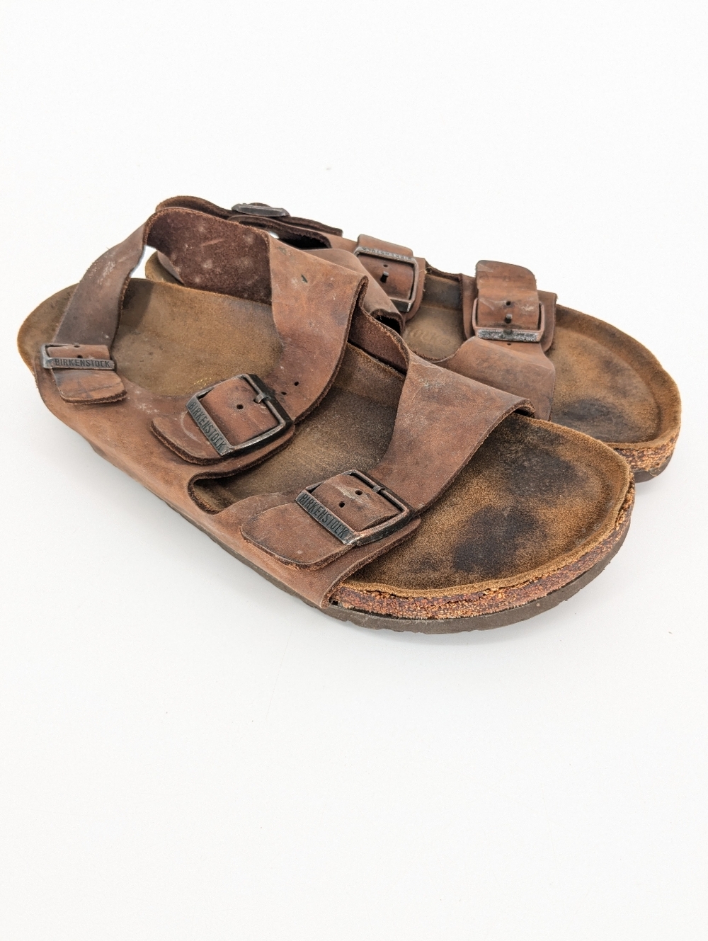 Birkenstock Milano Mens Size 43 US 10 Brown Leather Slingback Double Buckle FLAW